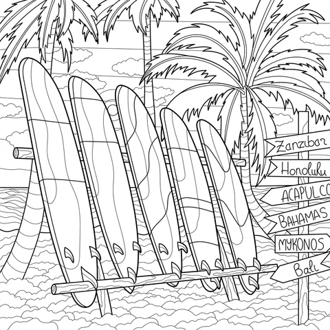 Colorful Surfboards and Travel Signposts on the Beach