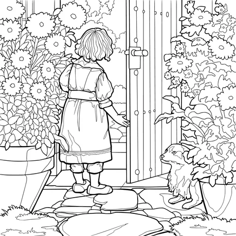 A girl and a dog at the door
