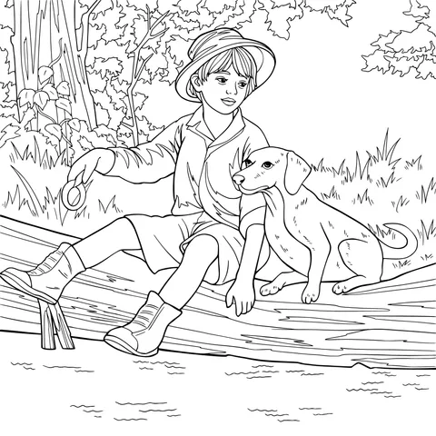 A Boy and His Dog by the Streamside
