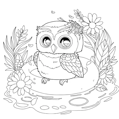 An owl wearing a flower - crown and sitting on a swimming ring