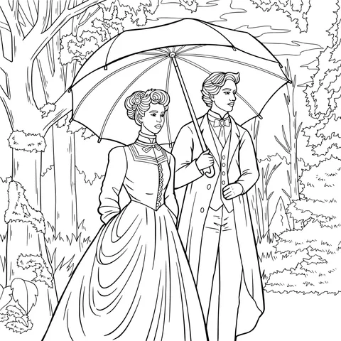 Vintage - styled couple strolling in the woods