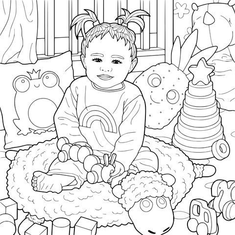 Coloring Page of a Cute Baby Playing Among Colorful Toys