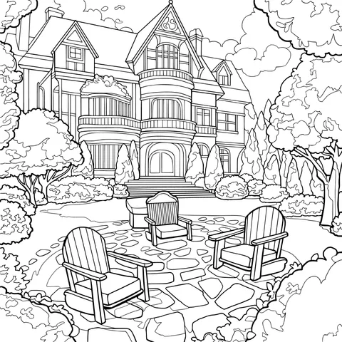 Relaxing Courtyard in Front of a Grand Mansion