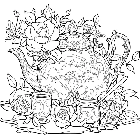 Teapot and Teacups Decorated with Flowers