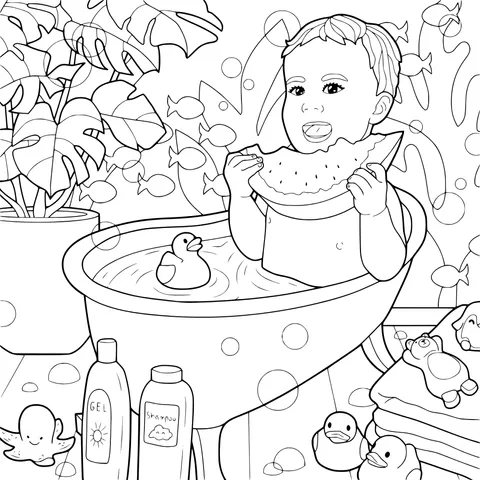 Baby eating watermelon in the bathtub