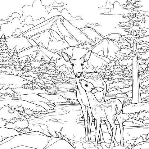 Mother - deer and fawn by the stream