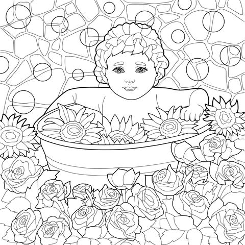 Baby bathing in a flower - filled bathtub coloring page