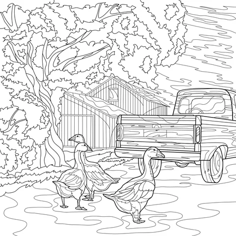 Geese and a Red Truck beside a Farmhouse