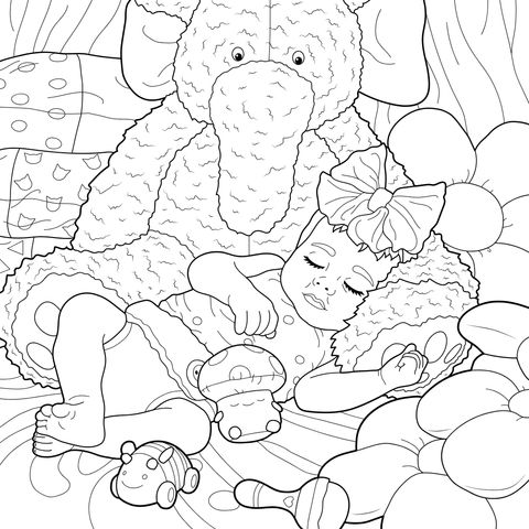 Coloring Page of a Little Girl Sleeping Peacefully with a Plush Elephant