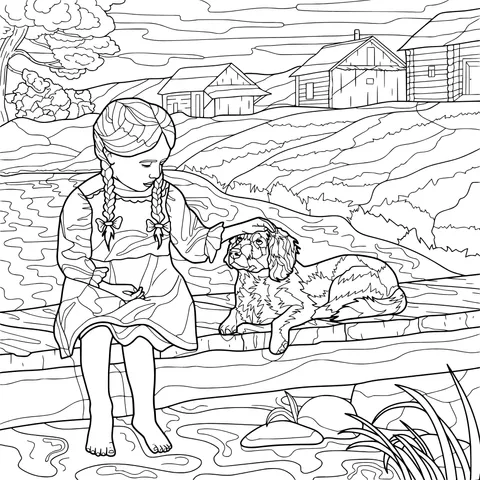 A girl's cozy time with a puppy by the stream