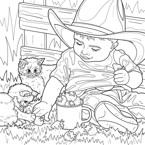 Little Boy Sharing Strawberries with Cats