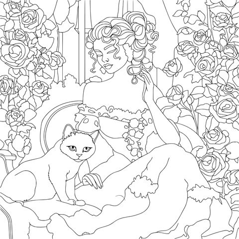 身着蓝裙的女士与猫