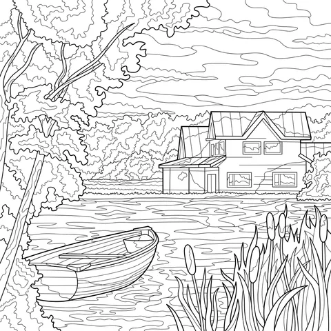 Cottage by the Lake and Wooden Boat