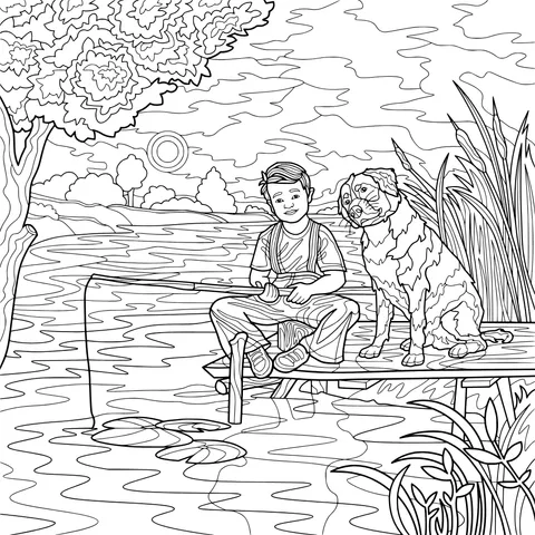 Boy and dog fishing by the lake