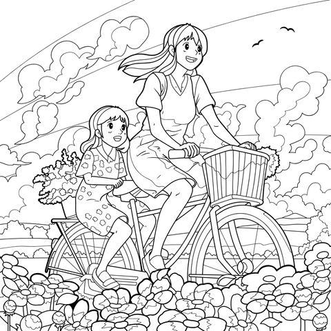 母女骑行赏花