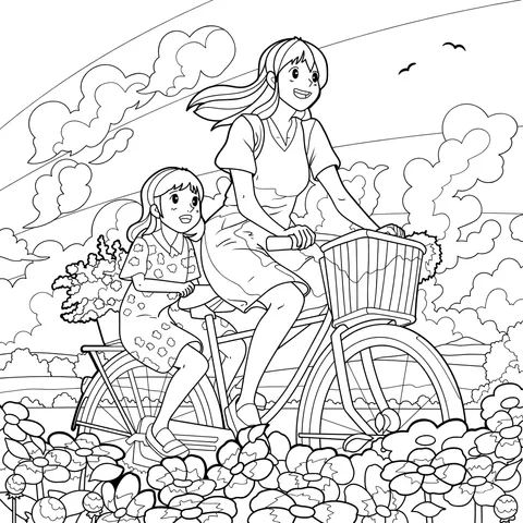 Mother - daughter bike - riding and flower - viewing