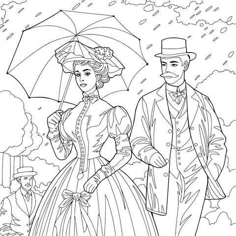 Victorian - era man and woman in the rain