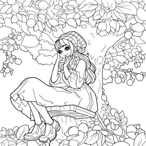 Girl sitting under a fruit - tree