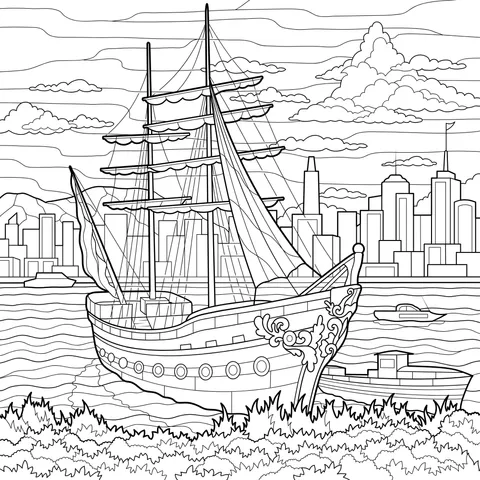 Classical Sailing Ship by the Seashore