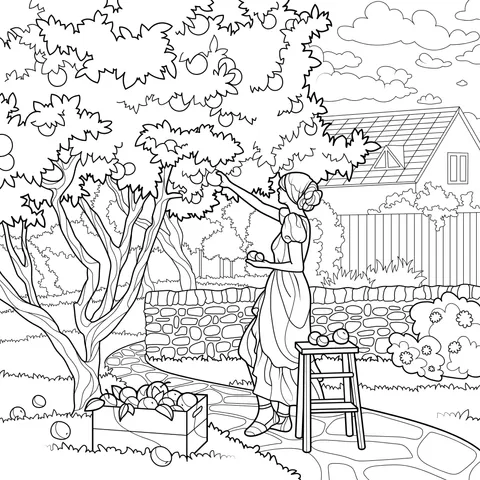 A woman picking fruits in the yard