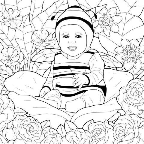 Baby dressed as a bee in the flowers
