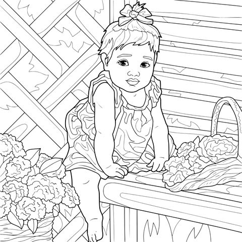 Adorable Baby Girl Enjoying Flowers in the Garden Coloring Page