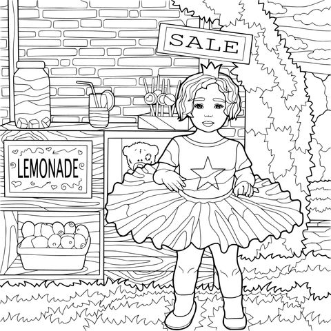 Página para colorear de una niña vestida de princesa y un puesto de limonada