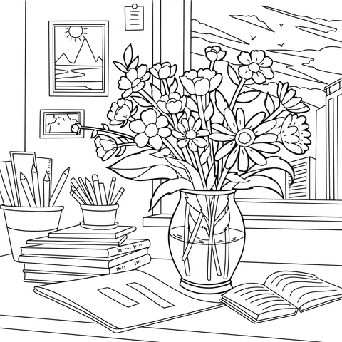 Flowers and Stationery on the Desk by the Window