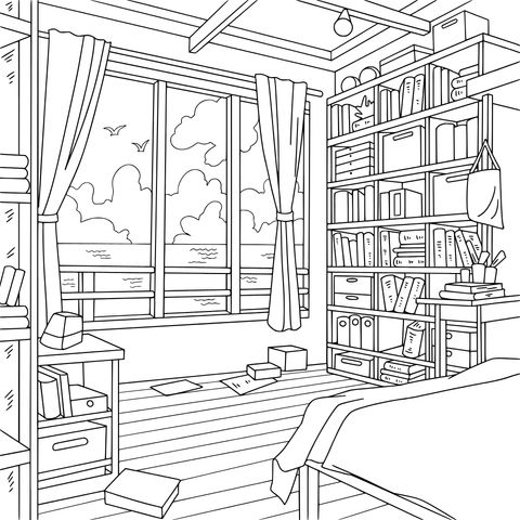 Cozy Sea - view Study and Bedroom Coloring Page