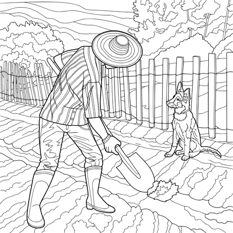 Farmer and dog working in the farmland