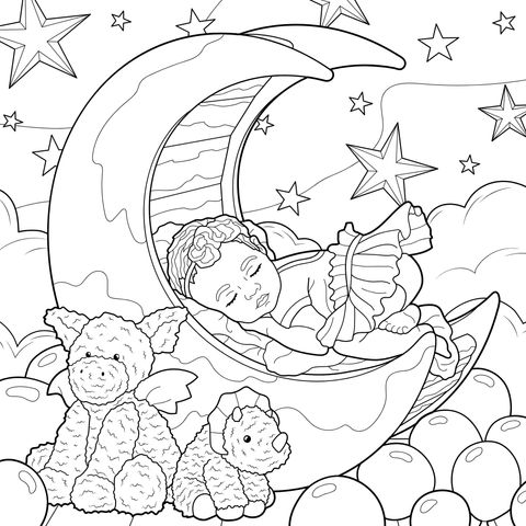 Página de colorear con tema de sueño soñador: Una niña pequeña durmiendo en una luna creciente