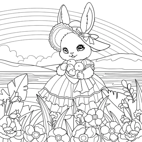 Little Bunny in a Flower - print Dress Holding Carrots