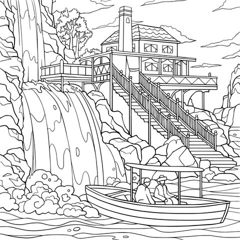 瀑布旁的小屋与游船
