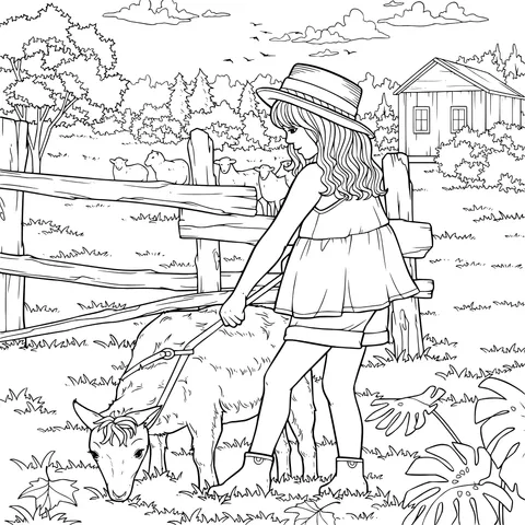 Girl leading a sheep on the farm