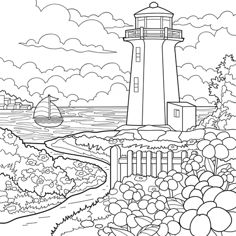 Scenery of a Lighthouse Surrounded by Flowers