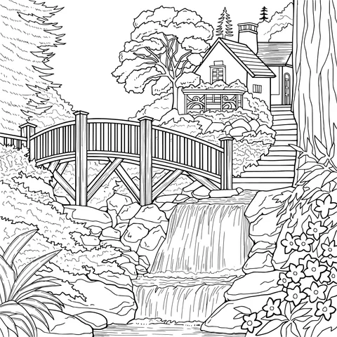 Wooden Bridge and Cottage by the Stream