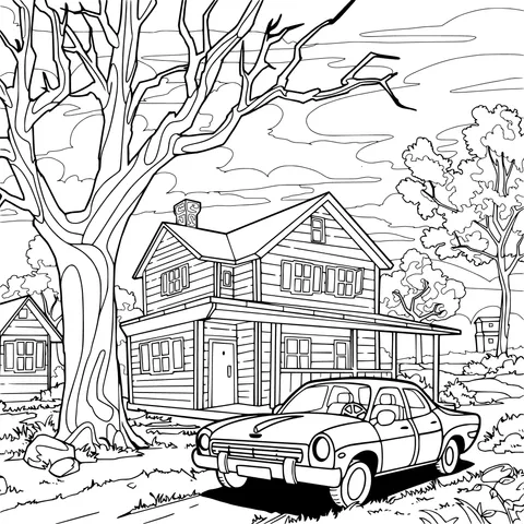 Red Car beside a Country Wooden House
