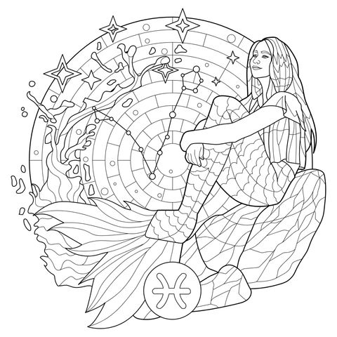 Pisces Mermaid Coloring Page Illustration