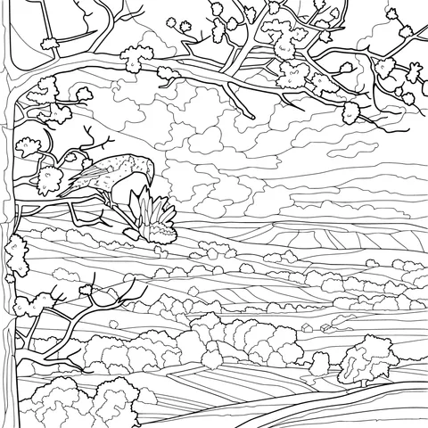 Bird on a Flower - laden Branch and Pastoral Scenery