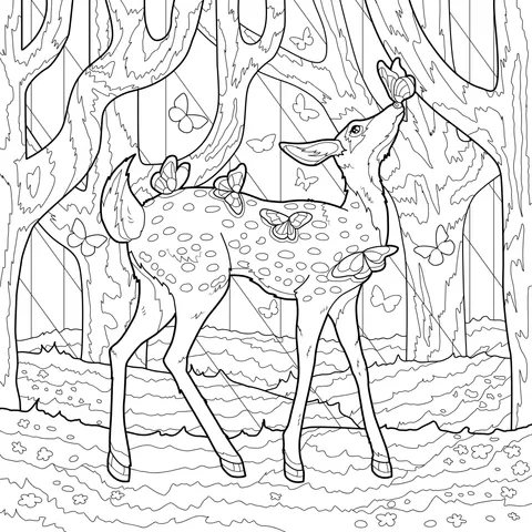 A fawn accompanied by butterflies in the forest