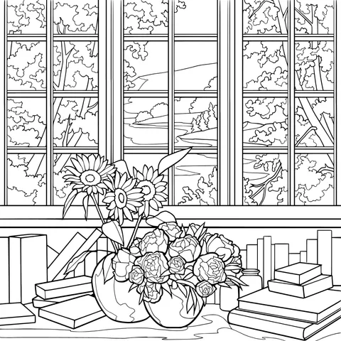 Autumn scenery and flowers by the window