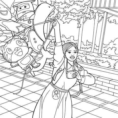 Girl having a fun interaction with cartoon characters