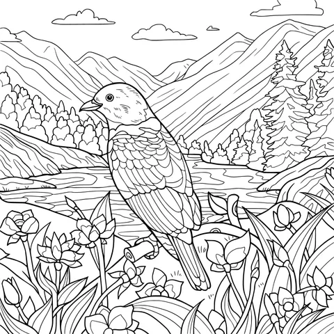 Colorful bird perched among flowers in mountain forest