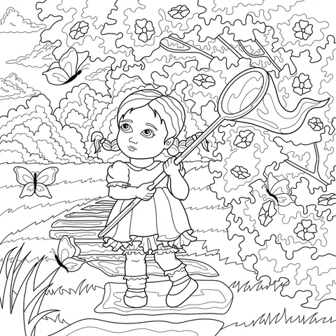 Girl catching butterflies in the garden