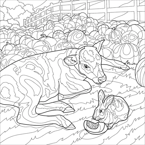 Cow and Rabbit in the Pumpkin Field