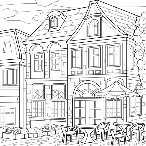 European - style building and outdoor leisure area on the street