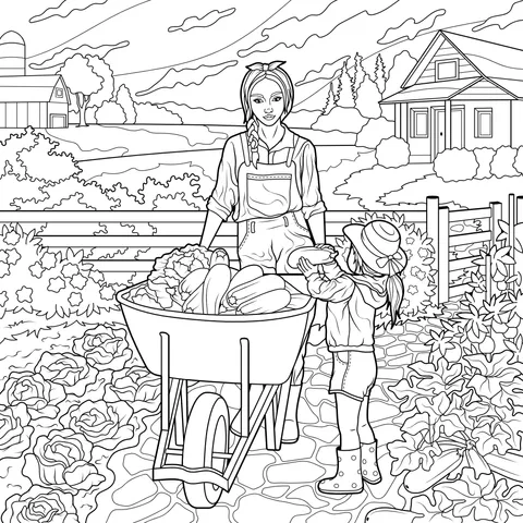 Mother and daughter working in the vegetable garden