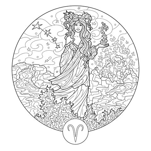 Ilustración de página para colorear con tema del zodiaco de Aries