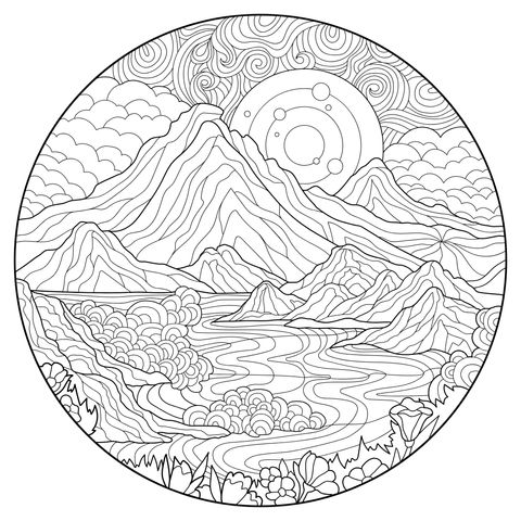 山间湖景插画