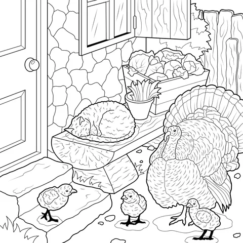 Poultry and Cat in Front of the Door
